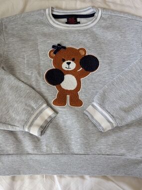 Cynthia Rowley Gray Sweatshirt with Brown Teddy Appliqué and Navy Accents